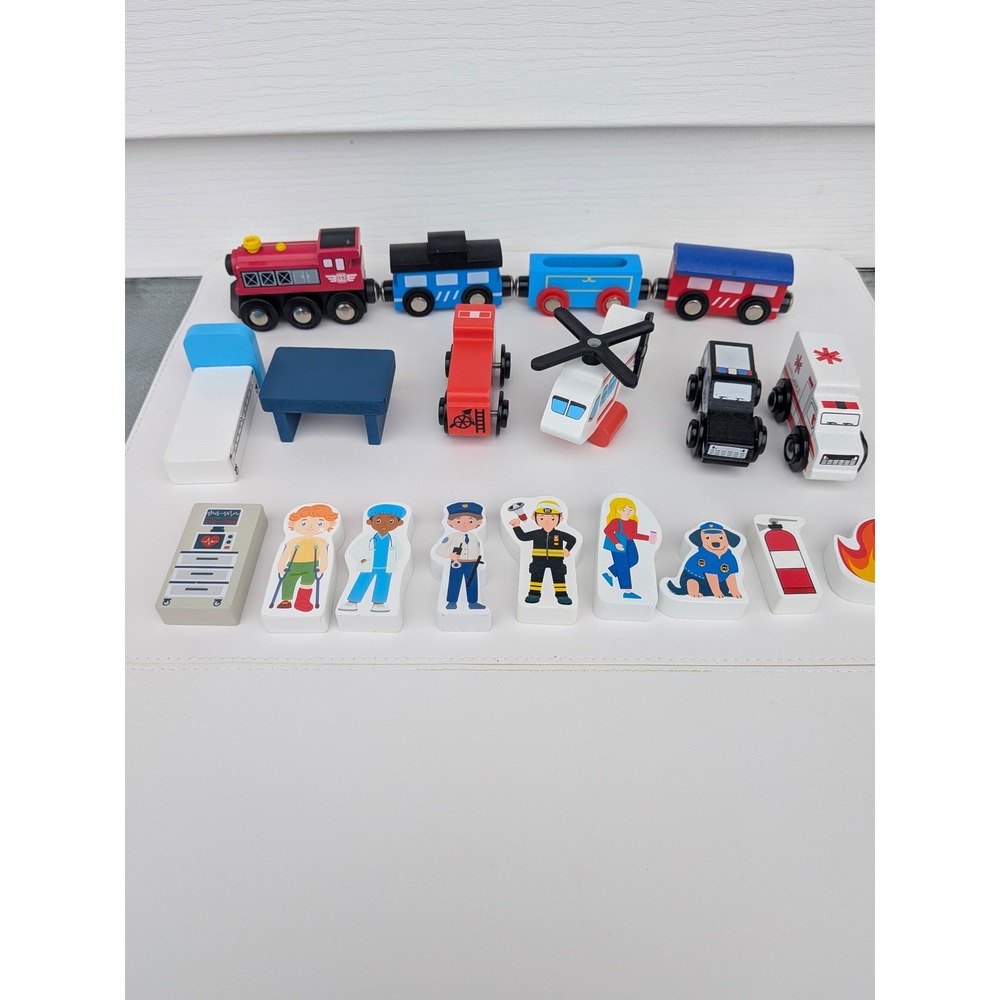 Wooden Magnetic Train and Emergency Vehicle Toy Set Police Fire Ambulance 19pc